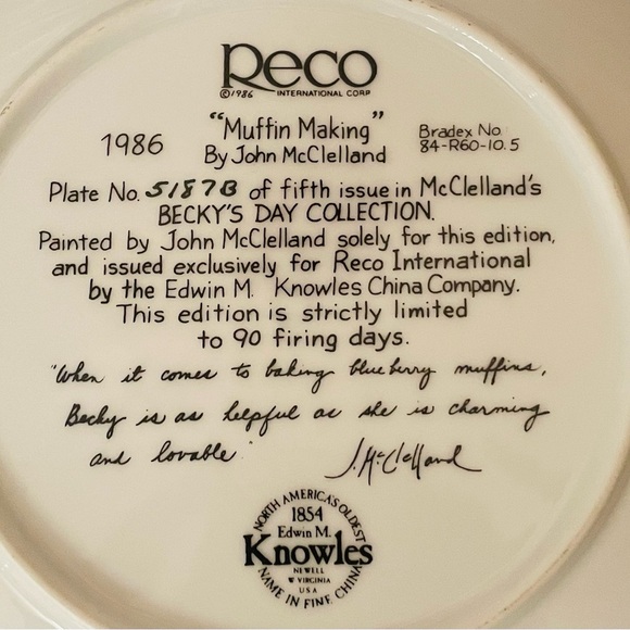 1986 “Muffin Making” John McClelland  8.5” Fine China Collector Plate: Like New - Picture 4 of 4
